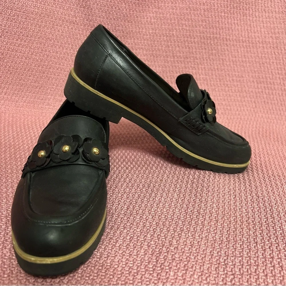 Kate Spade Karisa Black Leather Loafers, black floral/gold accent 7 1/2